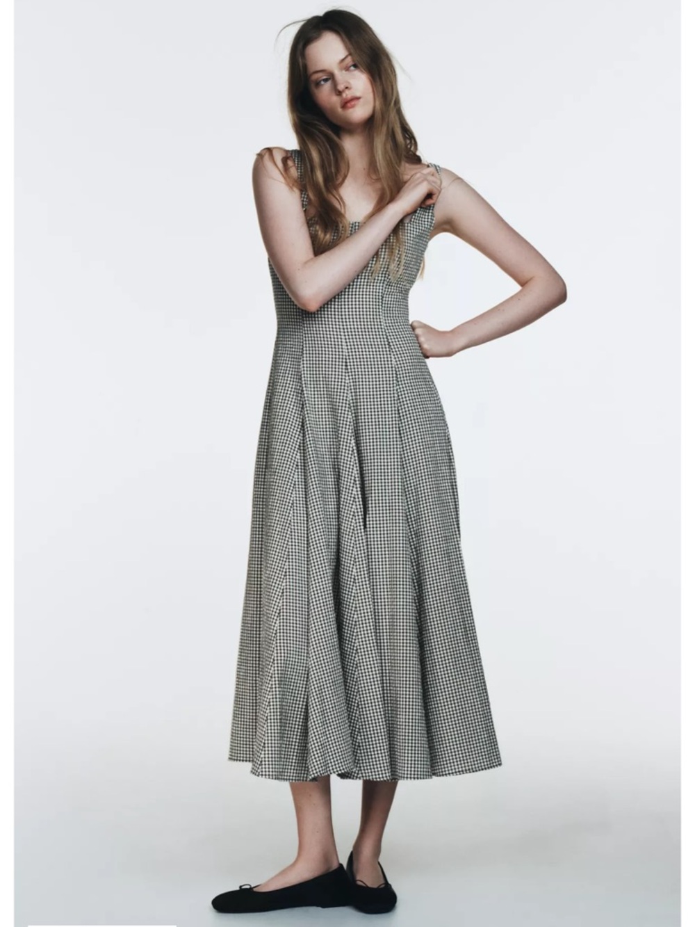 Zara Gingham Midi Dress White/Green NWT